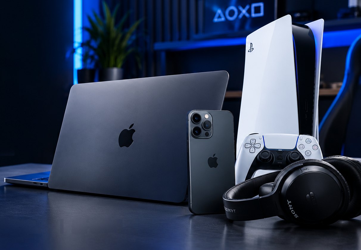 Notebook, celular, videogame, controle e fone de ouvido sobre uma mesa iluminada em azul
